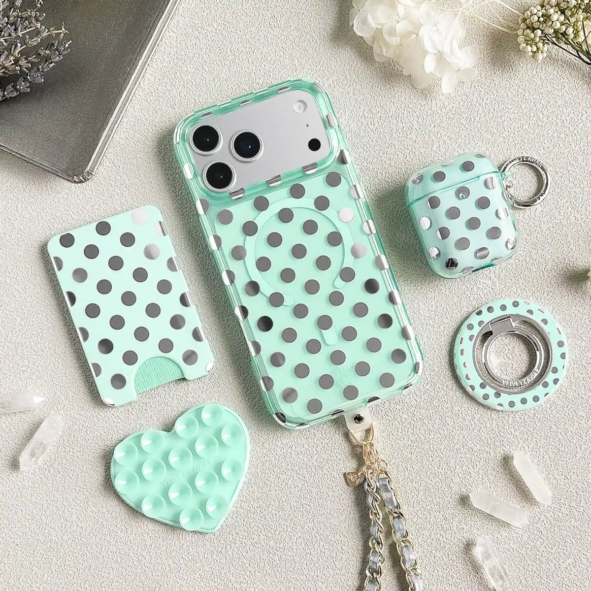 Mint Chrome Polka Dot MagSafe Wallet