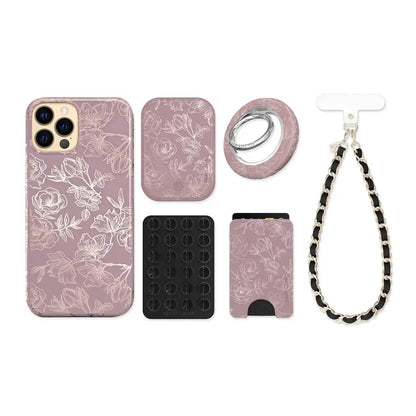 Dusty Rose Chrome Floral iPhone Bundle Set