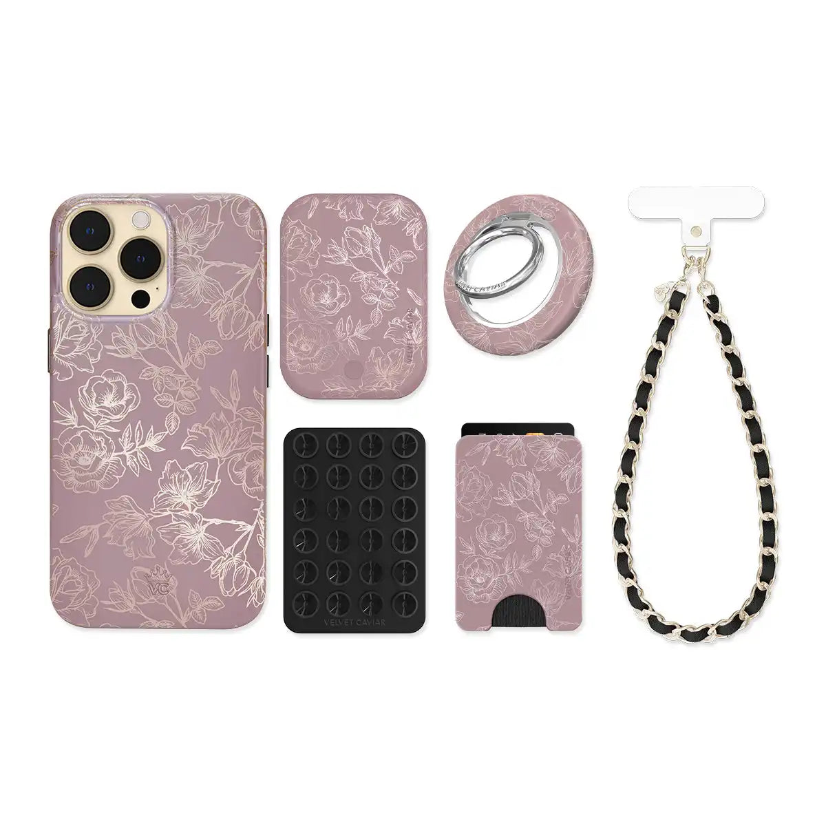 Dusty Rose Chrome Floral iPhone Bundle Set