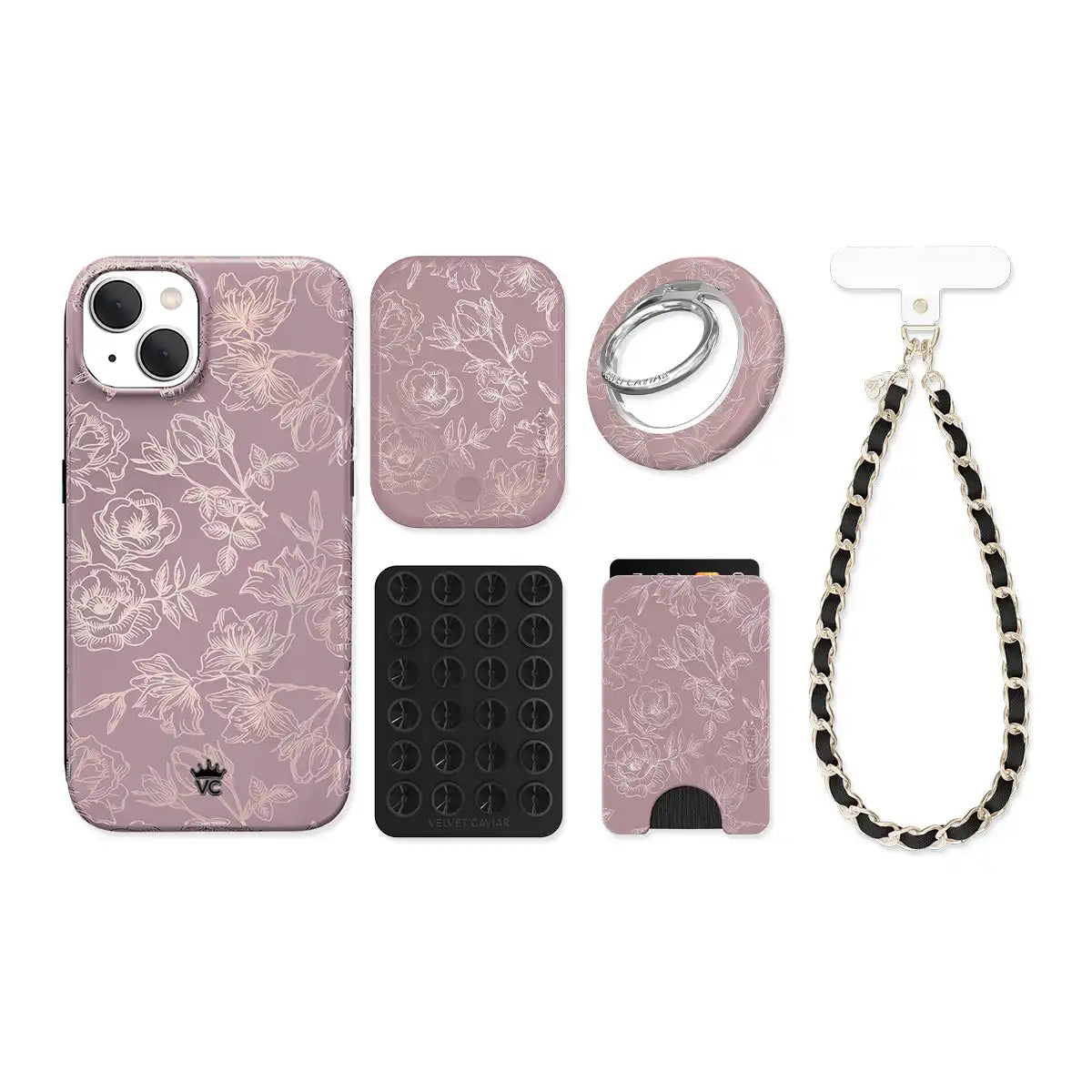 Dusty Rose Chrome Floral iPhone Bundle Set