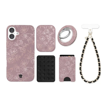 Dusty Rose Chrome Floral iPhone Bundle Set