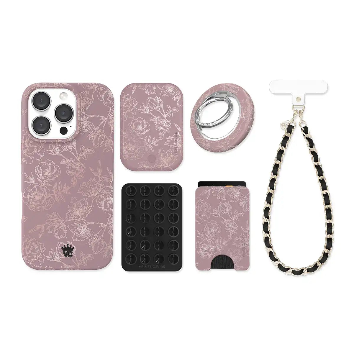 Dusty Rose Chrome Floral iPhone Bundle Set