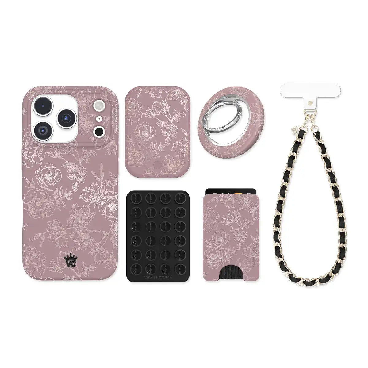 Dusty Rose Chrome Floral iPhone Bundle Set