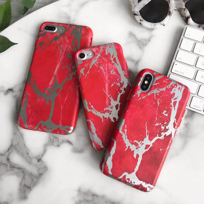 Red Marble Silver Chrome iPhone Case