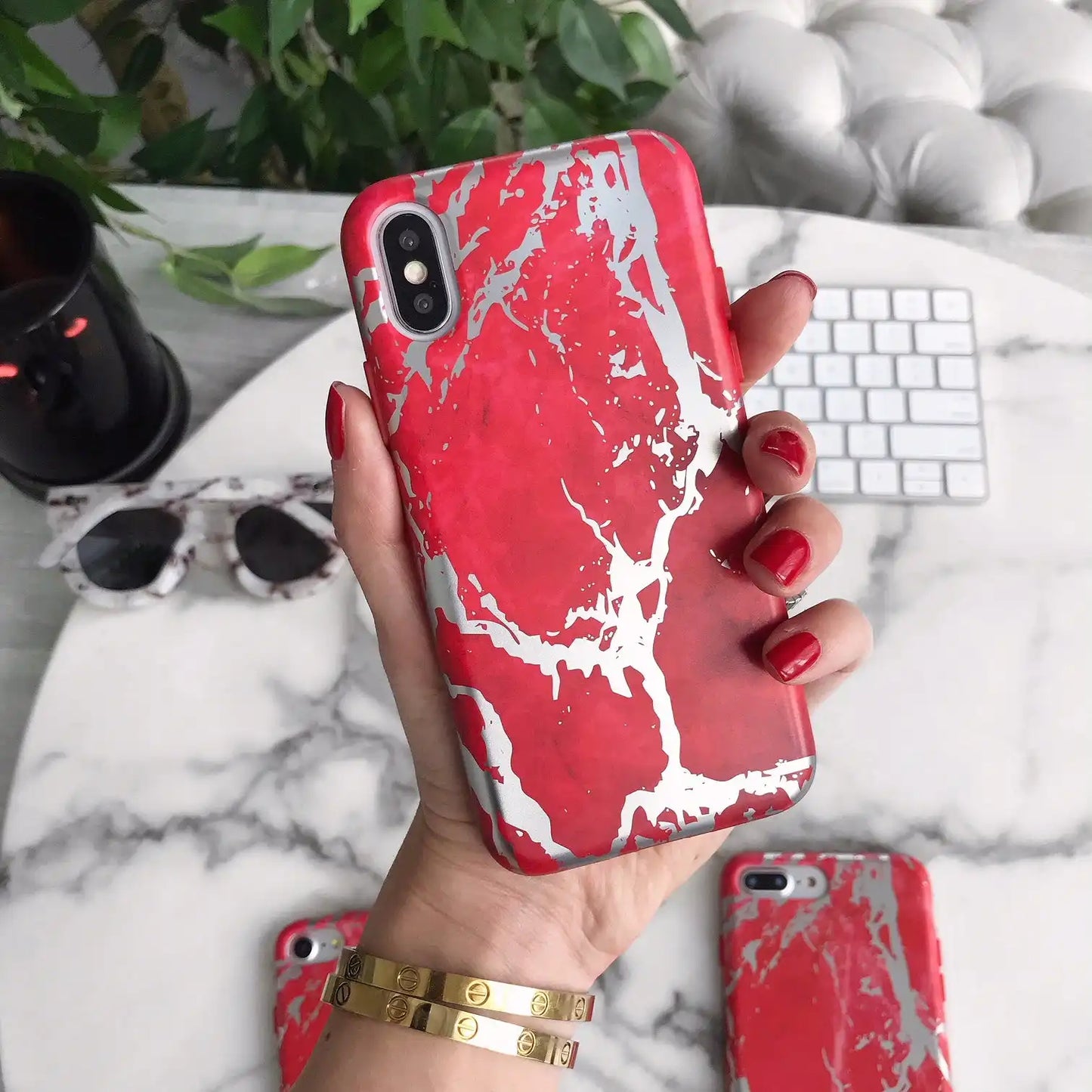 Red Marble Silver Chrome iPhone Case