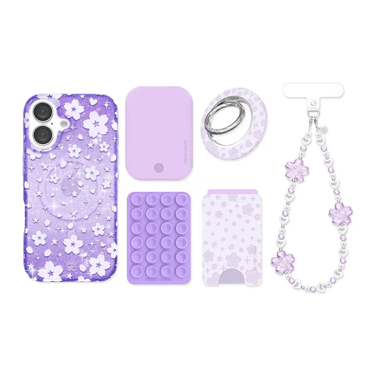 Lavender Cherry Blossom Glitter iPhone Bundle Set