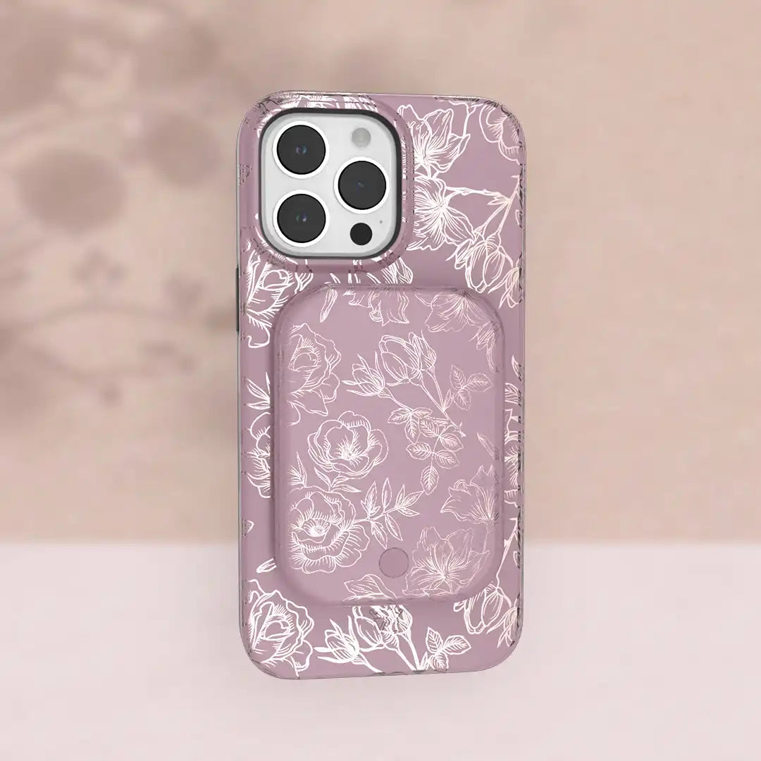 Dusty Rose Chrome Floral Portable MagSafe Charger Power Pack
