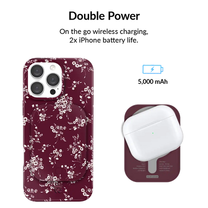 French Burgundy Floral Portable MagSafe Charger Power Pack